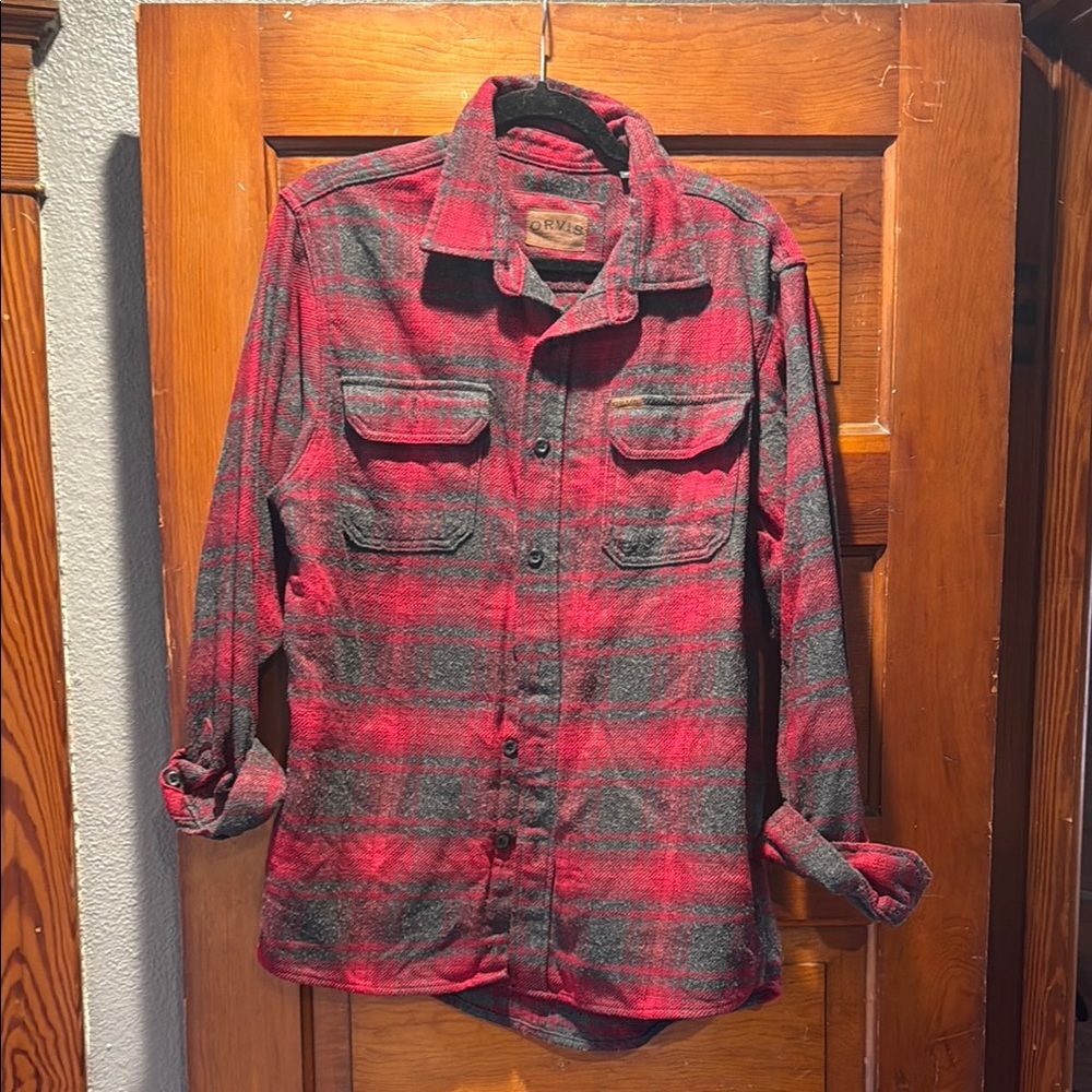 Orvis Red and Gray Utility Jacket with Plaid Design